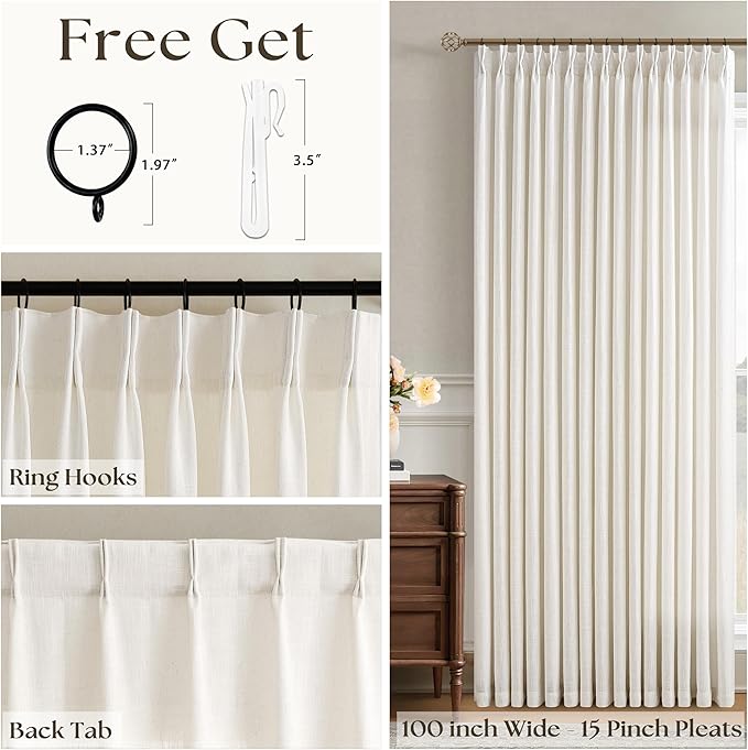 Pinch Pleat Linen Curtains 90 Inches Long 100 Inch Wide for Patio Sliding Door Light Filtering Semi Sheer Pleated Drapes Back Tab Cream Ivory Living Dining Room Extra Wide 100 x 90 Curtain 1 Panel