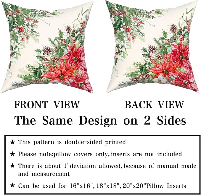 Giwawa Poinsettia Throw Pillow Covers Set of 2, 18"x18" Christmas Holly Berries Pine Cones Winter Red Floral Decorative Square Pillow Cases, Soft Cotton Cushion Covers for Sofa Porch Bedding Decor