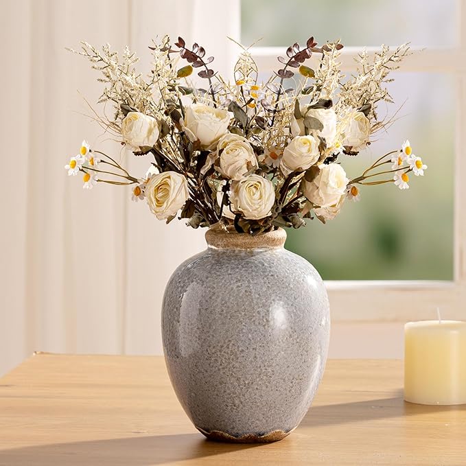 Ceramic Vintage Vase, Flower Rustic Vase Decorative Chinoiserie Decor Rustic Farmhouse Retro Floral Vases for Table Bookshelf Mantel Kitchen Living Room Office - 7.8inch Gray