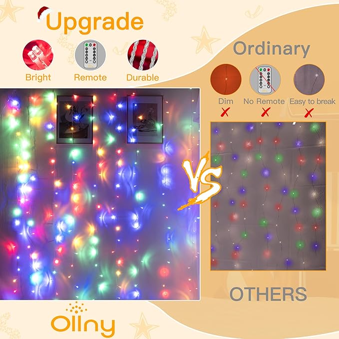 Ollny Curtain Lights 200LED 6.6x6.6ft, USB Multicolor Christmas Curtain Lights with Remote 8 Modes Timer, Waterproof String Lights for Bedroom Backdrop Window Indoor Outdoor