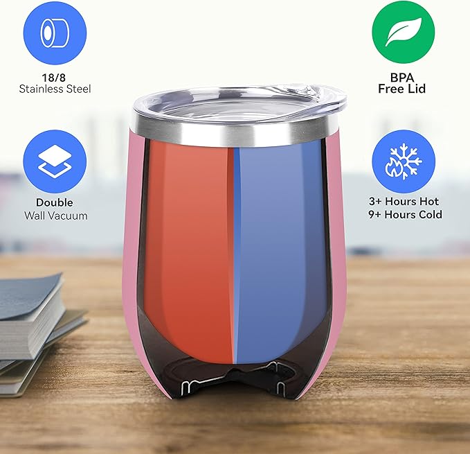 DOMICARE Stainless Steel Wine Tumbler Bulk with Lid, Personalized Insulated Tumblers Set, 12oz Travel Coffee Cups Pack of 4, Pink