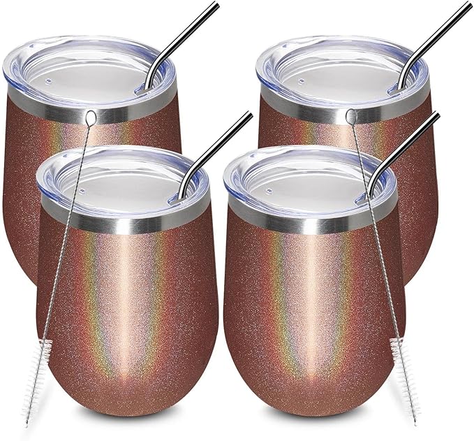 MEWAY 12oz/4 Pack Wine Tumbler Glasses with Lid - Stemless Double Wall Vacuum Stainless Steel Glitter Tumbler - Keeping Cold & Hot Cup for Coffee,Gift for Women(Rainbow Rose Gold,Set of 4)