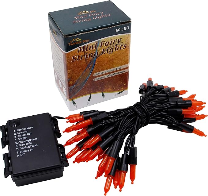 Twinkle Star Orange Halloween String Lights, 2 Pack Total 100 LED 32FT Battery Operated String Light Waterproof Tree Lights with 8 Lighting Modes,Indoor Outdoor Patio Garden Halloween Decorations