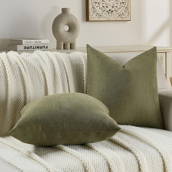 FUTEI Moss Green Chenille Throw Pillow Covers 12x20 Inch Set of 2,Soft Wide Chevron Textured Lumbar Pillow Cases,Farmhouse Home Decor for Couch Living Room