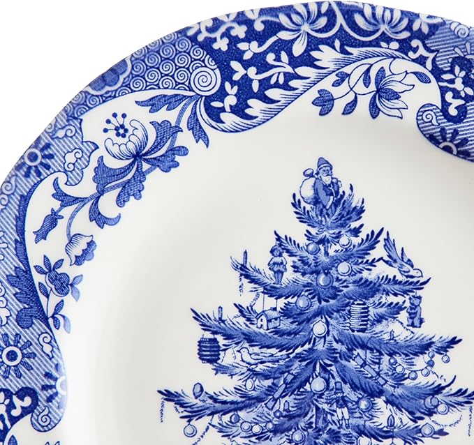 Spode Blue Italian 8" Christmas Plate - Earthenware Celebration Platter with Tree Motif - Microwave, Oven, Freezer Safe - Elegant Holiday Serveware for Festive Dinner Table - Great for Hostess