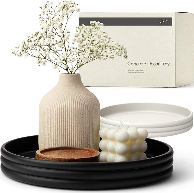 KIVY Round Decorative Concrete Tray 11x1,5 Inch - Modern Circle Coffee Table Bowl - Home Decor Table Tray for Livingroom & Bedroom - Modern Decorative Trays - Black Flat Bowl - Centerpiece Trays