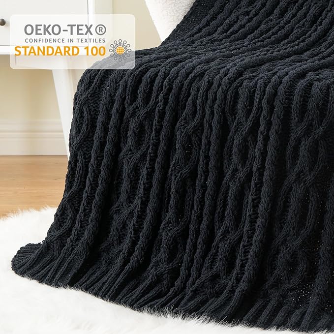 Battilo Black Throw Blanket for Couch, Cable Knit Blanket for Bed,Chair, Home Decor, Soft Cozy Woven Chenille Throw Blanket, Decorative Boho Throw Blanket, 51"x67"