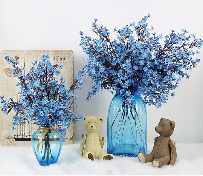 20pcs Babys Breath Artificial Flowers Gypsophila Bouquet Bulk Fake Spring Silk Small Flowers Real Touch Faux Floral for Home Bedroom Kitchen Garden Wedding Christmas Party DIY Decor (Blue)