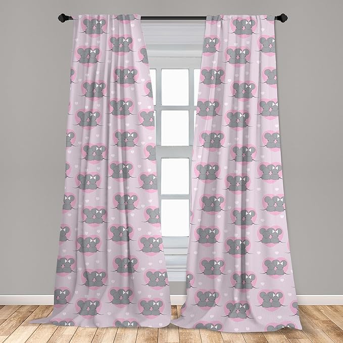 Ambesonne Pink and Grey Window Curtains, Little Mouse Characters with Hearts on Striped Backdrop Cartoon Lovers, Lightweight Decor 2-Panel Set with Rod Pocket, Pair of - 28" x 84", Grey Pink