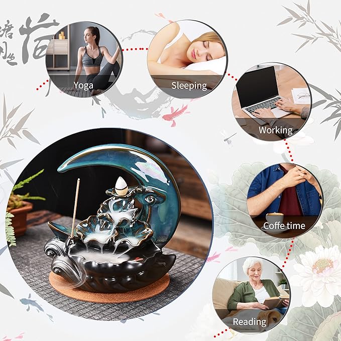 New Moon Backflow Incense Holder, Ceramic Hand-Made Incense Fountain Burner with 100 Backflow Incense Cones，Fragrance Incense Stick，Mat，Aromatherapy Home Decoration