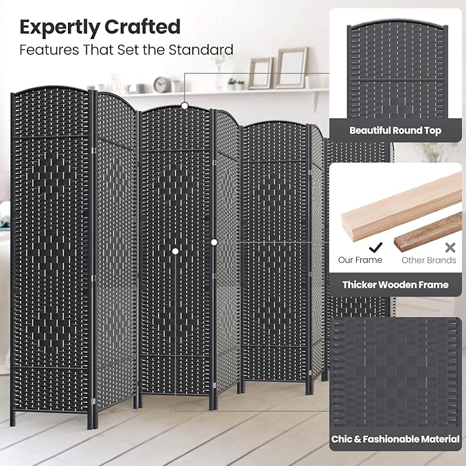 8 Panel Room Divider,6Ft Folding Privacy Screen,Tall - Extra Wide Foldable Panel Partition Wall Divider with Diamond Double-Weaved Hand-Woven Design Room Screen Divider