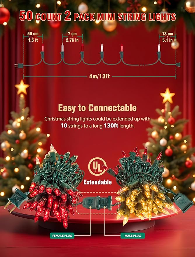 Hopolon Christmas Lights Indoor Outdoor, 2 Pack 13 FT 50 Count Incandescent Mini String Light, Green Wire Christmas Tree Lights Waterproof for Holiday Wedding Valentine's Day Decor, Red and Clear