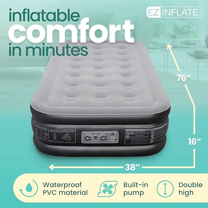 EZ INFLATE Air Mattress with Built in Pump - Twin Size Double-High Inflatable Mattress with Flocked Top - Easy Inflate, Waterproof, Portable Blow Up Bed for Camping & Travel