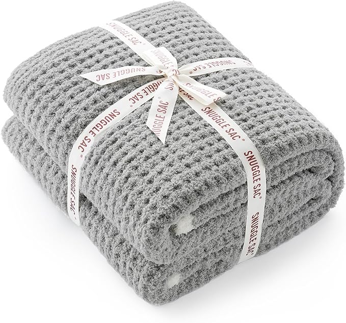 Snuggle Sac Soft Waffle Blanket, Grey Bedding Blankets Queen Size 90x90 inches, Reversible Microfiber Fluffy Fuzzy Grey Blanket Cozy Knit Blanket for Women Mothers Birthday Gifts
