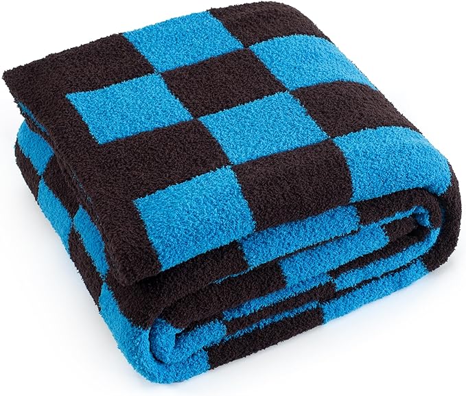Carriediosa Checkered Throw Blanket 50" X 60", 400GSM Ultra Soft Microfiber Fuzzy Fluffy Reversible Cute Preppy Knitted Blankets Cozy Plush Fall Throws for Couch, Bed, Sofa, Blue and Brown