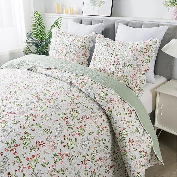 Travan 3-Piece Quilt Set Quilted Bedspread Lightweight Coverlet Set Garden Style Floral Printed Oversized Quilted Bedding Set with Shams for All Season, Flower Sea, Queen Size