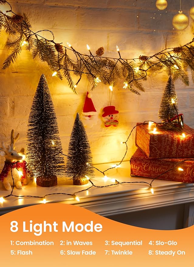 Brightown LED Christmas Mini Lights, 39Feet 100 LED Clear Bulbs String Lights with 8 Light Modes, Connectable Fairy Lights Plug in for Outdoor Xmas Trees Garland Wreath Holiday Decorations, Warm White