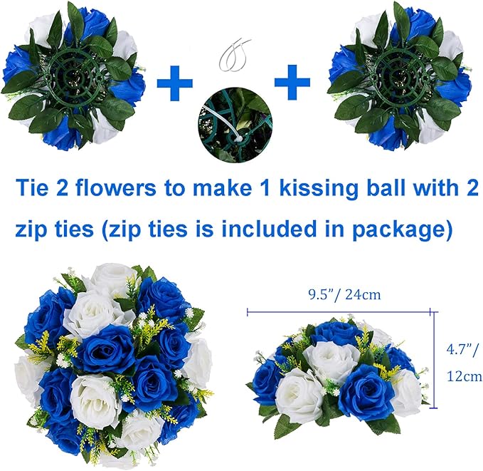 BLOSMON Royal Blue Artificial Flowers: 6 Pcs Fake Roses Flower Ball Centerpieces for Wedding Dinning Table - Faux Silk Kissing Bouquet Floral Arrangement for Home Party Event Decor