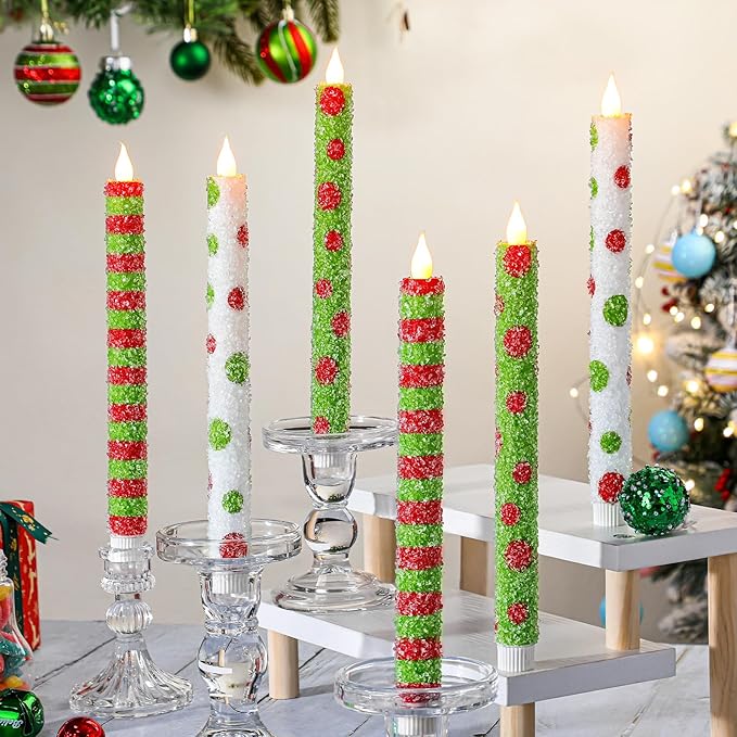 Baquler 6 Pcs Christmas Flameless Taper Candles 10.6 Inch Elf Theme Candles Battery Operated LED Christmas Candlesticks for Xmas Centerpiece Holiday Party Decor