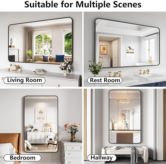 Koonmi Bathroom Mirror, 36X60 Inch Black Metal Framed Mirror for Bathroom, Tempered Glass, Anti-Rust, Rounded Rectangle Mirror for Restroom, Bedroom, Black