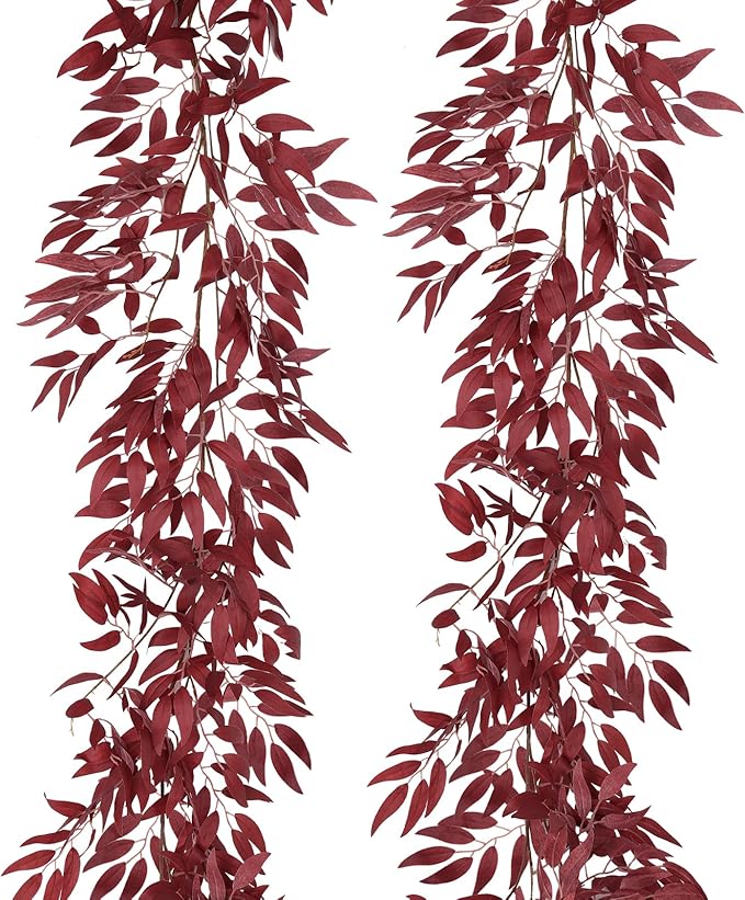 RECUTMS Artificial Hanging Willow Leaves Vine Twigs 2Pcs 5.7Ft Fake Silk Burgundy Leaf Ivy Fall Garland Faux Greenery Indoor Outdoor Valentines Day Wedding Birthday Christmas Thanksgiving Party Decor