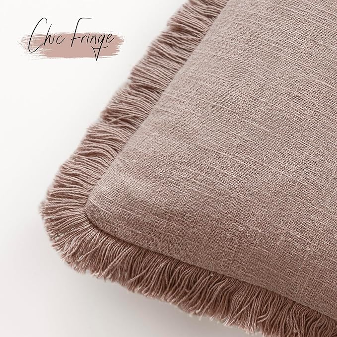 Foindtower Set of 2 Decorative Linen Fringe Throw Pillow Covers Boho Farmhouse Cushion Cover with Tassels Soft Accent Pillowcase for Couch Sofa Bed Living Room Home Decor,24×24 Inch,Dusty Pink