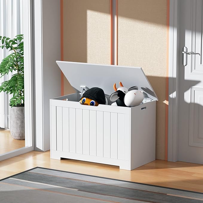 Toy Box Storage Chest for Girls Boys, Wooden Trunk Bench w/Flip-top Lid & Safety Hinge, Kids Play Room Nursery Organizer, Bedroom Storage w/ 100L Storage Area (White)