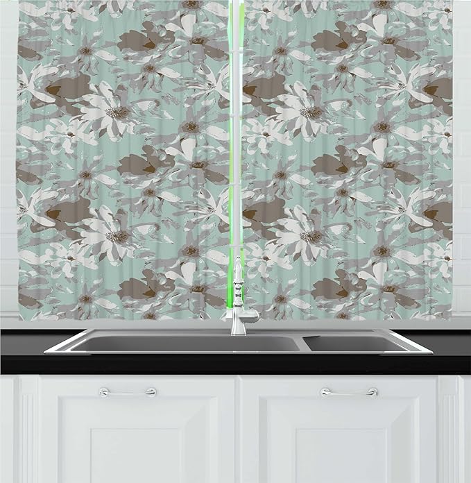 Lunarable Floral Kitchen Curtains, Print of Grunge Effect Blossoming Flowers with Vintage Influences, Window Drapes 2 Panel Set for Kitchen Cafe Decor, 55" x 30", Pale Seafoam Pale Taupe