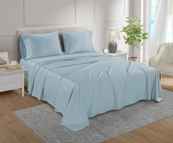 100% Cotton Bed Sheets Queen Size Bed Set, 800 Thread Count Deep Pocket Queen Sheet Set, Soft Breathable Cool Sateen Weave 4PC Egyptian Cotton Sheets, No Pill & Shrink, Machine Washable - Light Blue