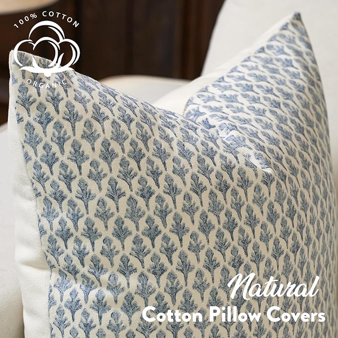 Floral Pillow Covers 24x24 Pillow Cover Block Print Couch Pillows for Living Room Decorative Neutral Accent Throw Pillow Covers, 1PC, Aqua Blue