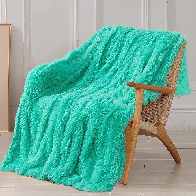 Tuddrom Decorative Extra Soft Faux Fur Throw Blanket 70"x78",Solid Reversible Fuzzy Lightweight Long Hair Shaggy Blanket,Fluffy Cozy Plush Fleece Comfy Microfiber Blanket for Couch Sofa Bed,Teal Blue
