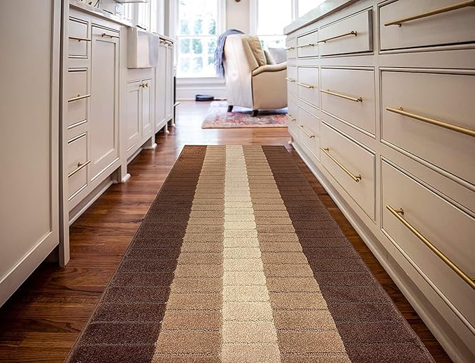 Custom Size Modern Geometric Pattern Carpet Runner Rug for Hallways, Slip Resistant Latex Rubber Backed, 31 inch Wide X Customized Length, Squares Brown, 31 inch X 40 feet