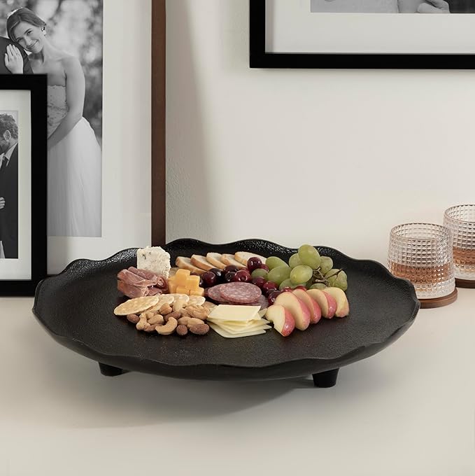Kate and Laurel Alessia Modern Decorative Scalloped Round Footed Metal Tray; 16 Inch Diameter; Black; Transitional Food-Safe Cast Aluminum Pedestal Tray with Rough Texture and Deckled Edge