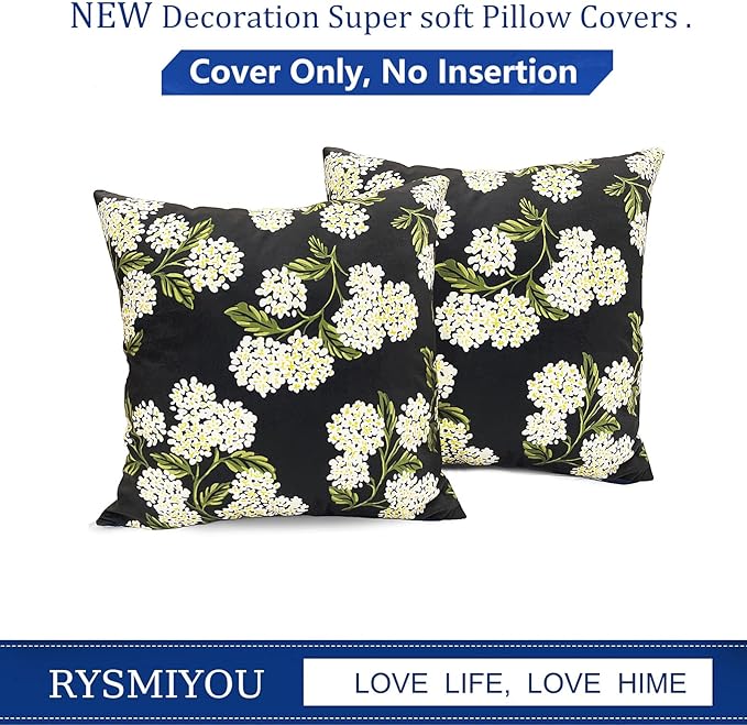 Decorative Throw Pillow Covers Set of 2 Black Hydrangea Pillow Covers 18x18 inch Super Soft Short Plush Square Floral Throw Pillows,Farmhouse Outdoor Pillow Covers for Couch Living Room