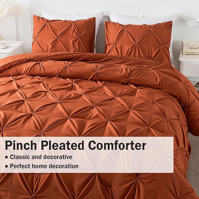 Andency Burnt Orange Pinch Pleat Comforter Full (79x90Inch), 3 Pieces (1 Pintuck Comforter and 2 Pillowcases) Down Alternative Microfiber Bedding Set