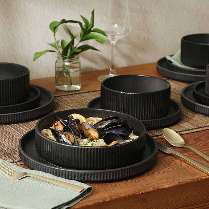 Gibson Elite Deerfield 16-Piece Stoneware Dinnerware Set – Matte Black Reactive Glaze Plates and Bowls, Stackable, Modern Design, Service for 4 – Microwave & Dishwasher Safe