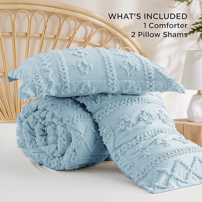 Bedsure Tufted Boho Comforter Set Full Size - Dusty Blue Boho Bed Set, GentleSoft™ 3 Pieces Farmhouse Shabby Chic Embroidery Bedding, Gifts for Woman, Soft Jacquard Full Comforter for All Seasons