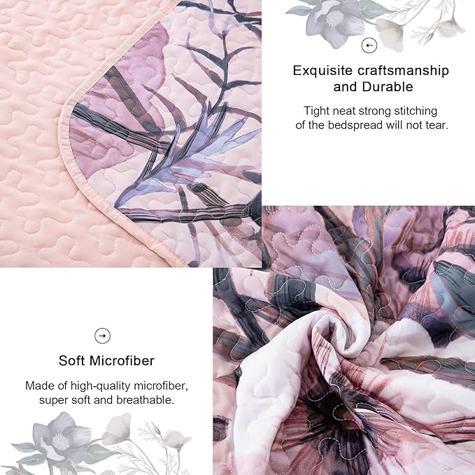 Floral Quilt Set Queen 3 Pieces Pink Floral Quilt Coverlet Set Soft Microfiber Lightweight Pink Quilted Bedspread for All Season 90"x96"