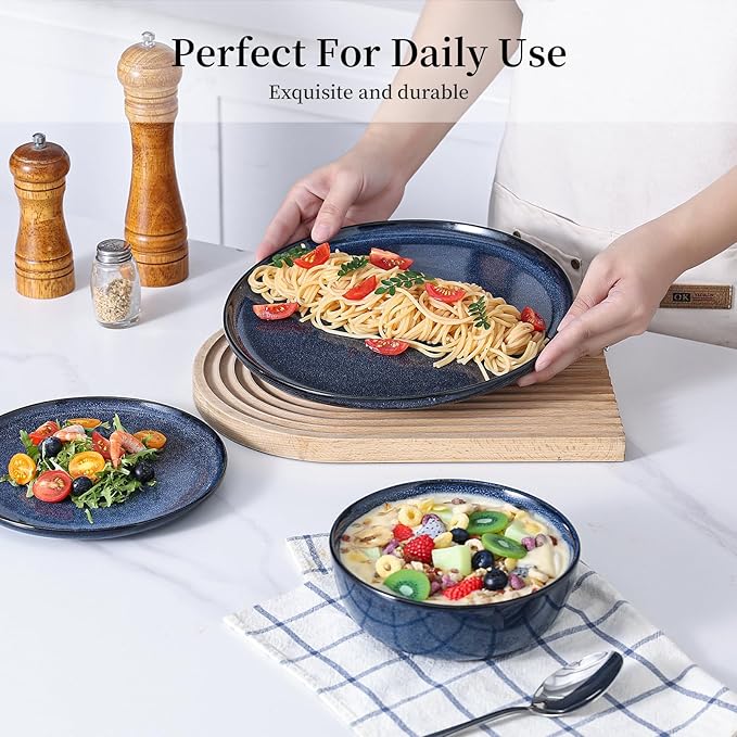 Dinner Plates Set of 4: Ceramic 10.7 Inch Handmade Reactive Glaze Stoneware Plates for kitchen, Modern Dinnerware Plates, Microwave & Dishwasher Safe, Scratch Resistant (Blue)