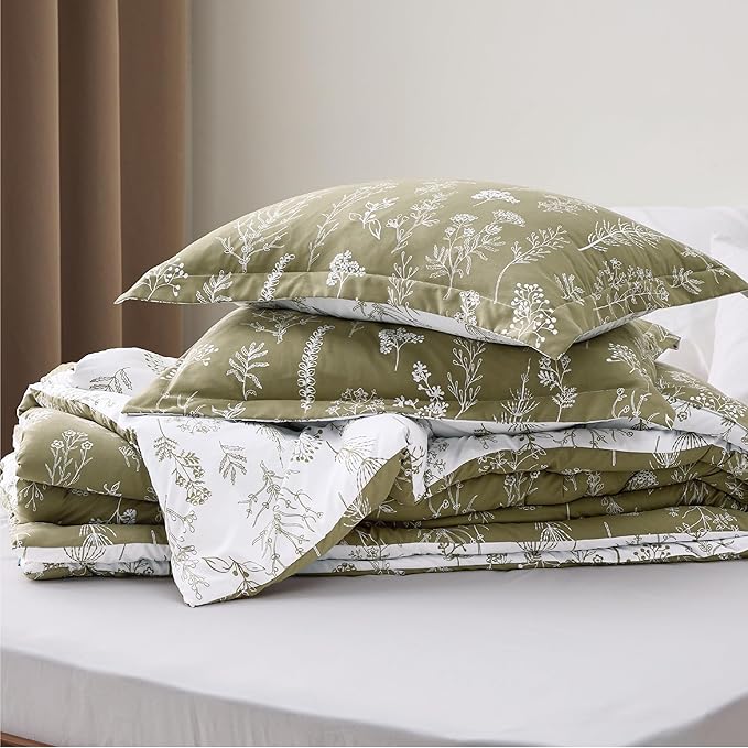 Bedsure California King Comforter Set - Olive Green Bed Set, 3 Pieces Cute Floral Bedding, 1 Soft Reversible Botanical Flowers Comforter and 2 Pillow Shams
