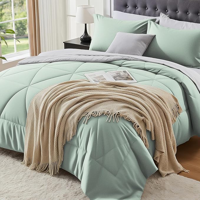BEDELITE King Size Comforter Set 7 Pieces Bed in A Bag - Soft Microfiber Reversible Sage Green Bed Set with Comforters, Sheets, Pillowcases & Shams, Cozy Luxury Bedding Sets for All Season