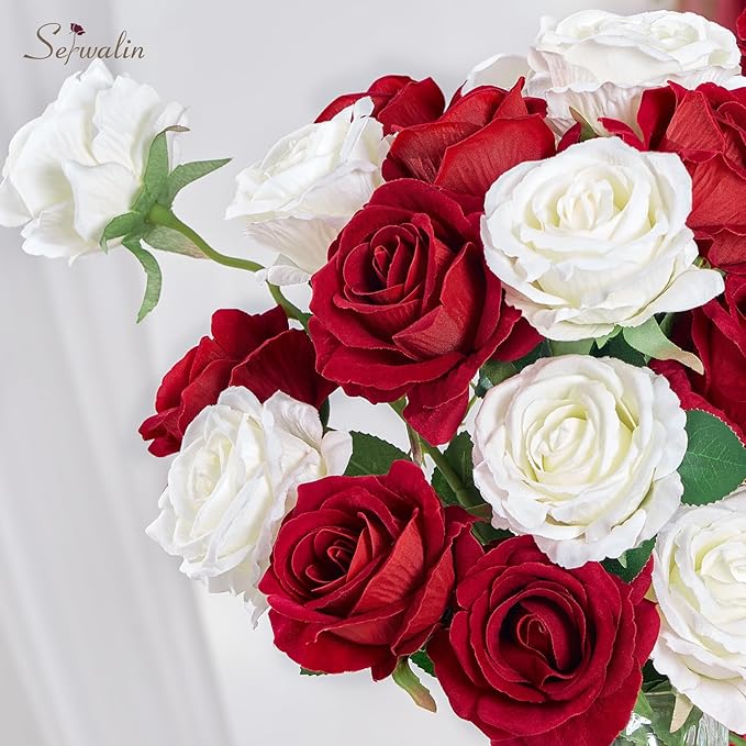 Serwalin 20pcs Artificial Red and White Roses, 4'' Big Flower Head, Fake Roses Velvet Real Touch, Silk Roses Long Stems Realistic Bouquet for Wedding Table Centerpiece and Home Decor