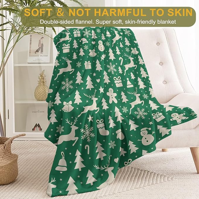 Christmas Decorative Blanket, Reindeer Tree Snowman Bell Print Throw Decoration, Soft Flannel Winter Blankets for Couch Bed Sofa, Holiday Home Decor, Xmas Festival Gifts Green 60x80 Inch