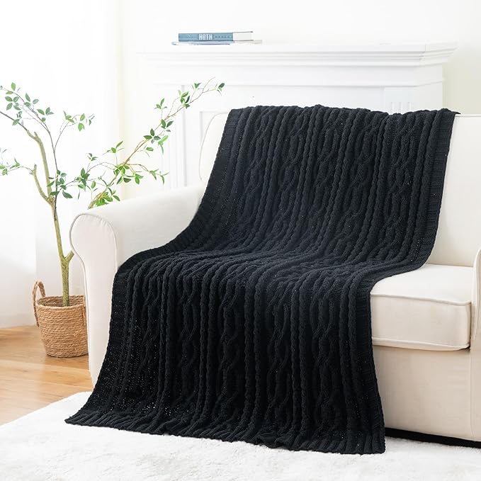 Battilo Black Throw Blanket for Couch, Cable Knit Blanket for Bed,Chair, Home Decor, Soft Cozy Woven Chenille Throw Blanket, Decorative Boho Throw Blanket, 51"x67"