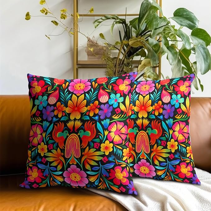 Mexican Throw Pillow Covers 18x18 - Mexico Pillow Cover Colorful Flowers Pillowcase Set of 2 Floral Birds Cushion Cover for Bedroom Home
