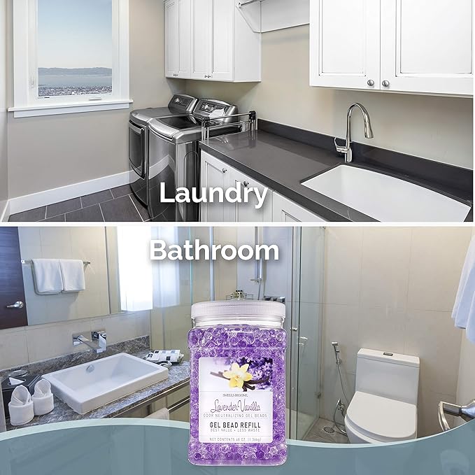 SMELLS BEGONE 48 oz Odor Eliminator Gel Bead Refill - Eliminates Odor from Bathrooms, Boats, Cars, RVs & Pet Areas - Made with Essential Oils - Lavender Vanilla Scent