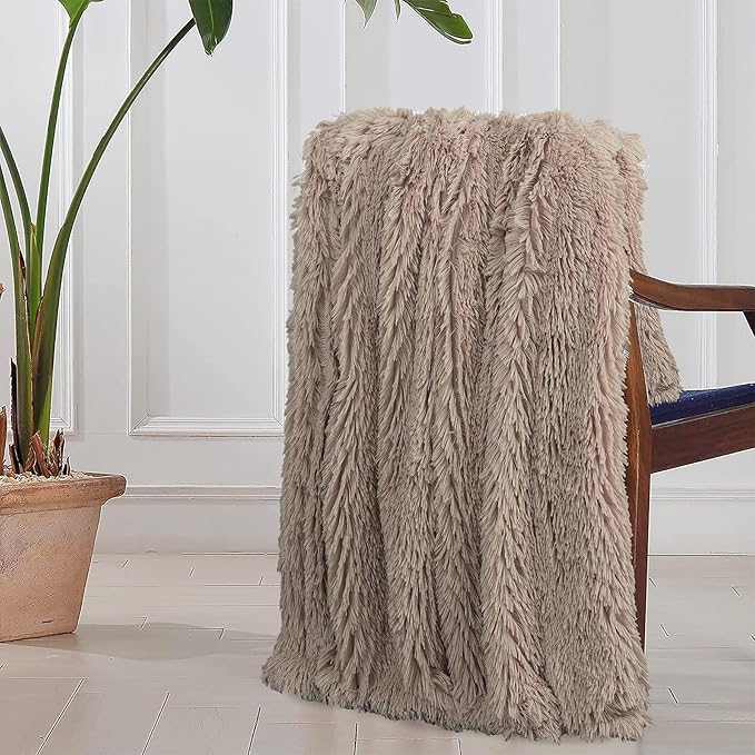 Tuddrom Decorative Extra Soft Faux Fur Throw Blanket 70"x78",Solid Reversible Fuzzy Lightweight Long Hair Shaggy Blanket,Fluffy Cozy Plush Fleece Comfy Microfiber Blanket for Couch Sofa Bed,Khaki