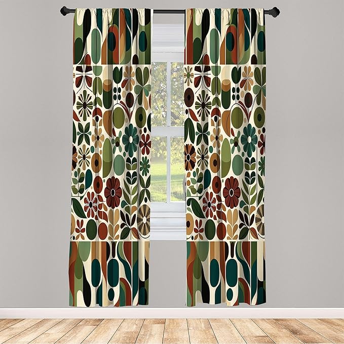 Ambesonne Scandinavian Window Curtains, Abstract Geometric Art of Leaves and Flowers with Bohemian Feel, Lightweight Decor 2-Panel Set with Rod Pocket, Pair of - 28" x 63", Olive Green Redwood Beige