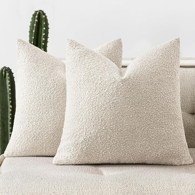 Woaboy Pack of 2 18x18 Inch Decorative Boucle Throw Pillow Covers Textured Square Pillowcaes Accent Solid Cozy Soft Cushion Covers Home Decor for Sofa Couch Living Room Home Decor,Natural Beige
