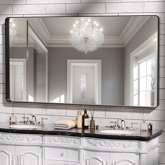 Hasipu Black Bathroom Mirror for Wall, 55 x 30 Inch Metal Framed Bathroom Mirrors for Over Sink, Rectangle Bathroom Vanity Mirror, Anti-Rust, Tempered Glass, Horizontal or Vertical